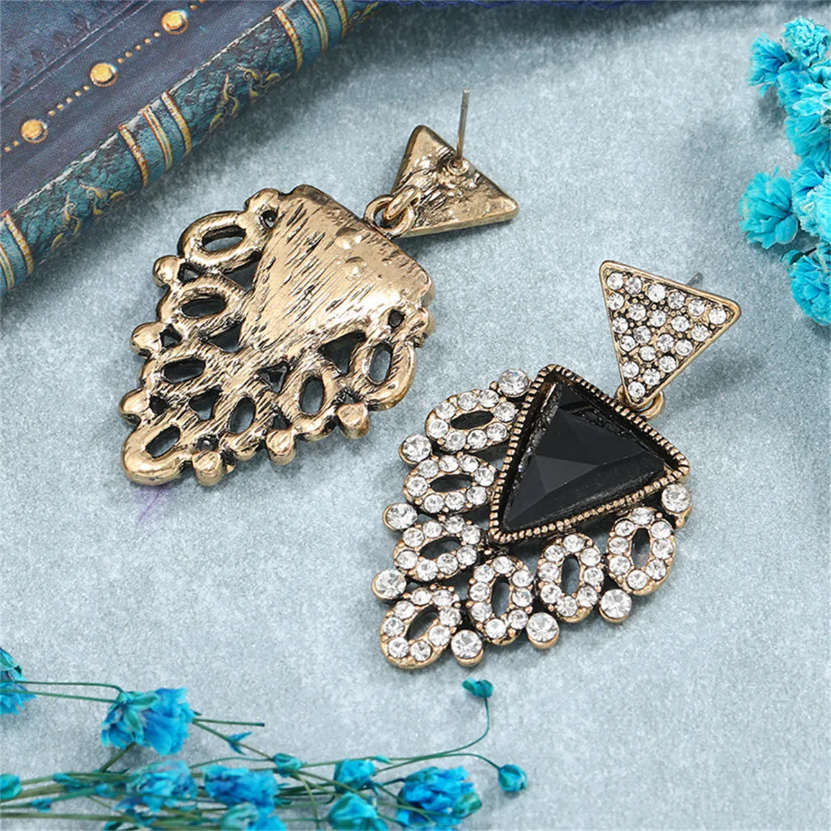Black Crystal & Cubic Zirconia Triangle Drop Earrings