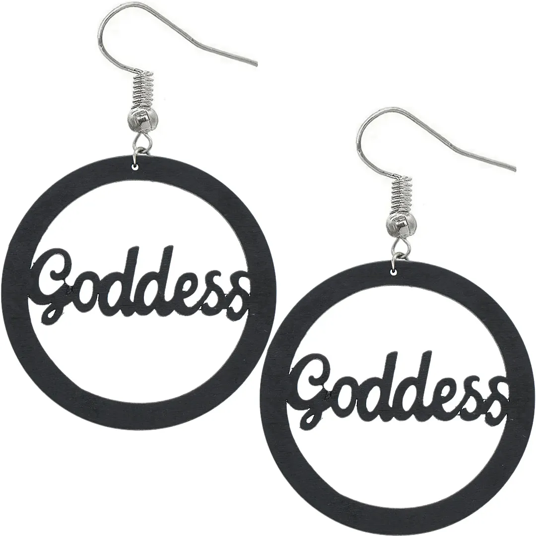 Black Cursive Goddess Word Wooden Earrings