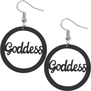 Black Cursive Goddess Word Wooden Earrings