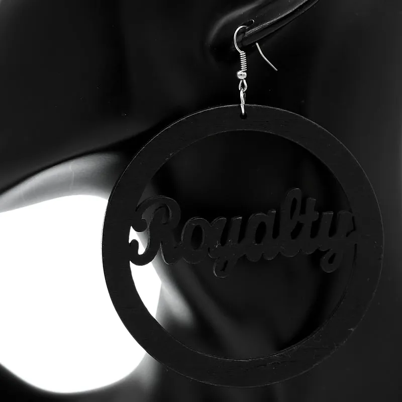 Black Cursive Royalty Word Wooden Earrings