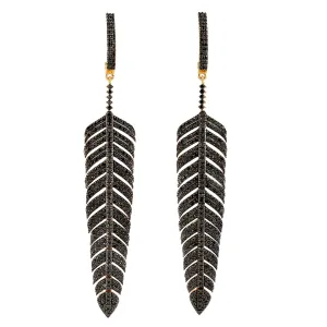 Black Diamond Pave Feather Design Dangle Earrings In 18K Yellow Gold