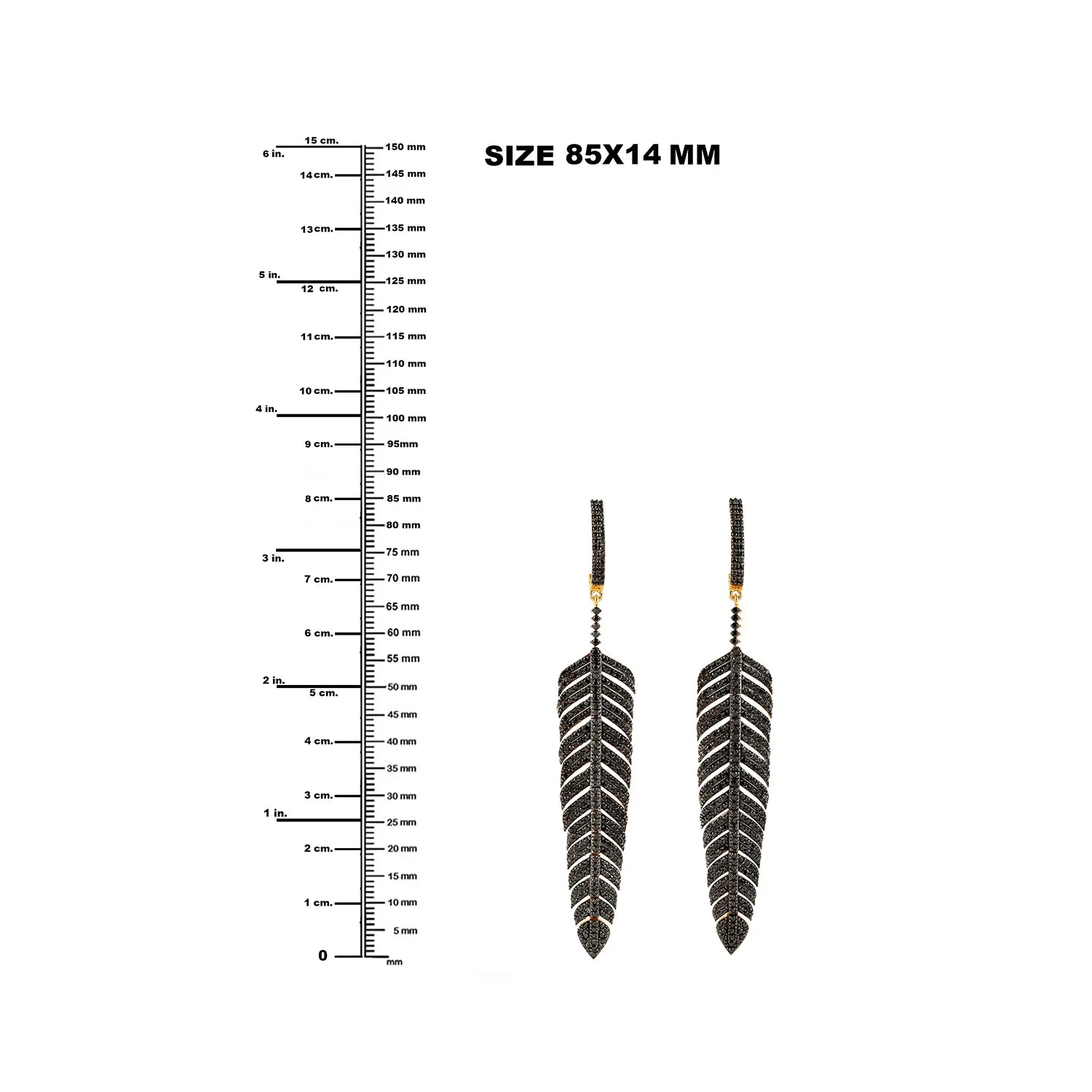 Black Diamond Pave Feather Design Dangle Earrings In 18K Yellow Gold