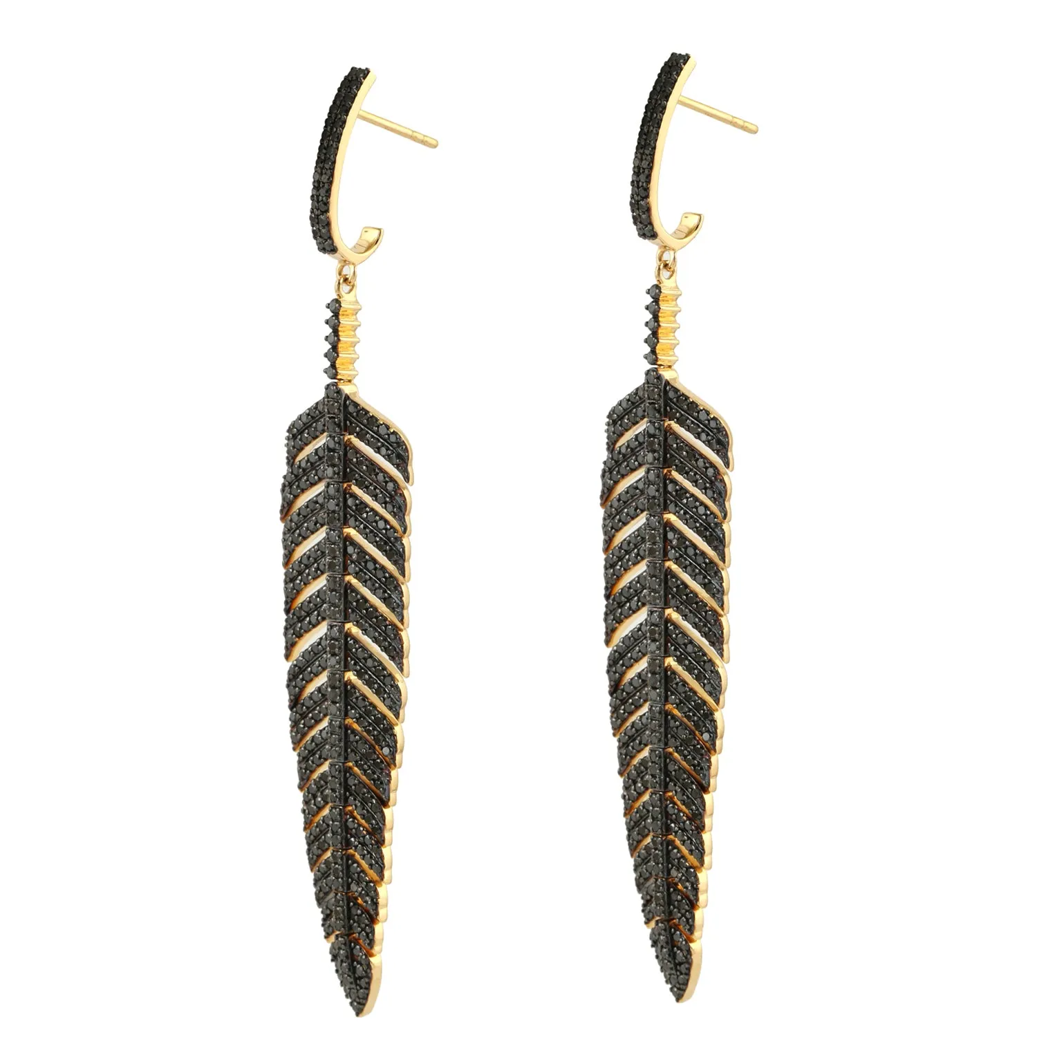 Black Diamond Pave Feather Design Dangle Earrings In 18K Yellow Gold