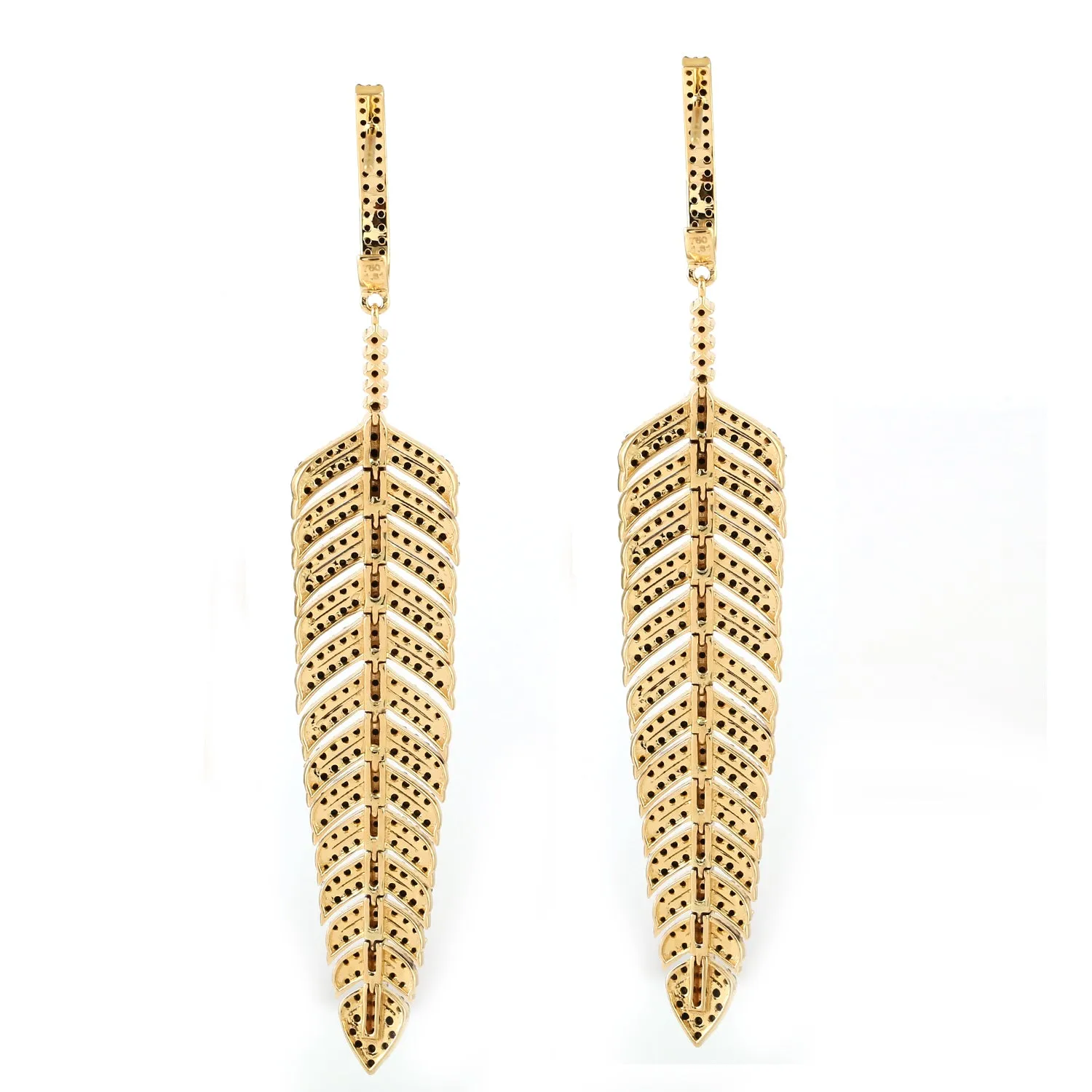 Black Diamond Pave Feather Design Dangle Earrings In 18K Yellow Gold