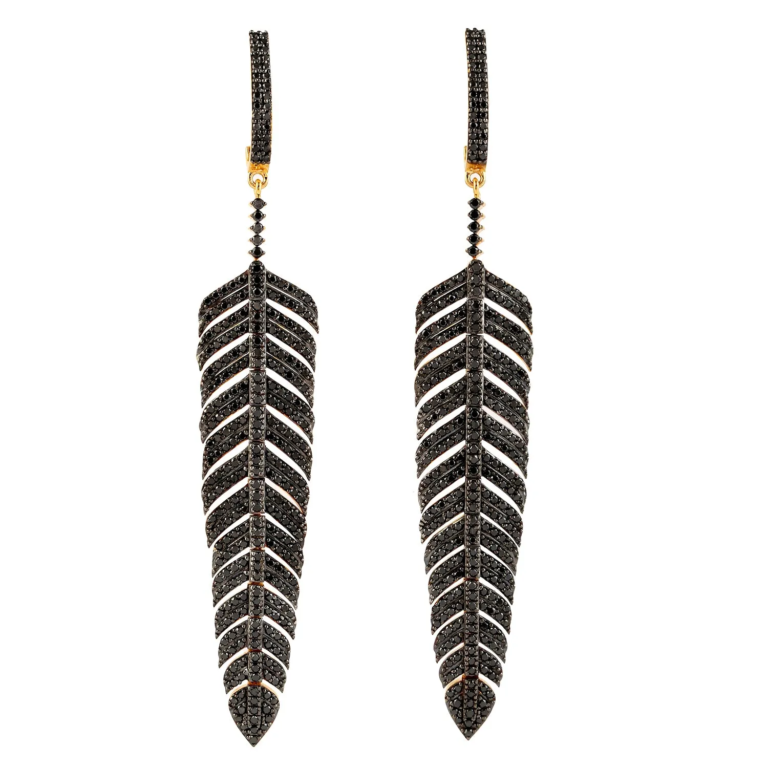 Black Diamond Pave Feather Design Dangle Earrings In 18K Yellow Gold