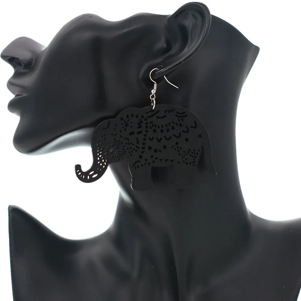 Black Elephant Wooden Dangle Earrings