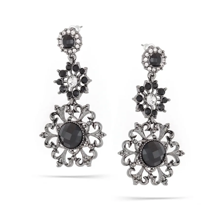 BLACK FACETED STONE AND WHITE CRYSTAL DROP  EARRINGS #255BK3401 (1B11/9A2)
