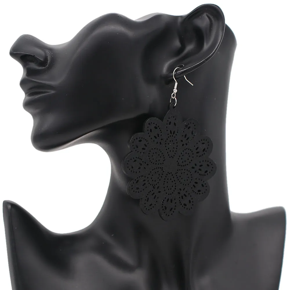 Black Floral Mandala Pattern Wooden Earrings
