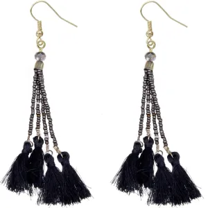 Black Gray Beaded Sequin Tassel Dangle Earrings