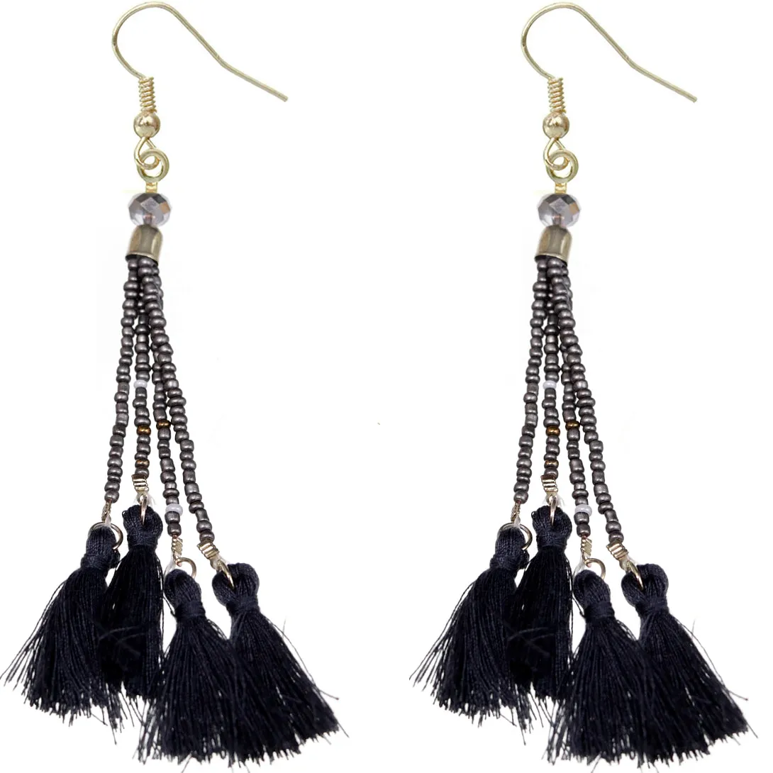 Black Gray Beaded Sequin Tassel Dangle Earrings