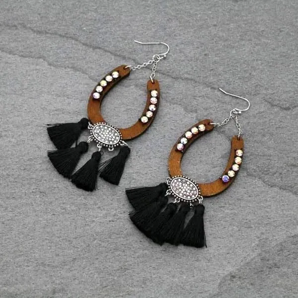 Black horseshoe tassel earrings