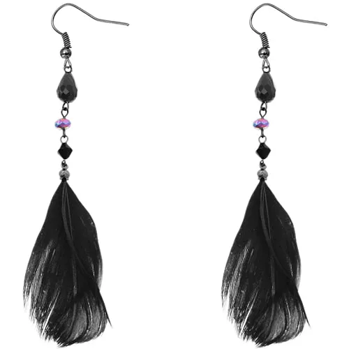 Black Long Beaded Feather Earrings