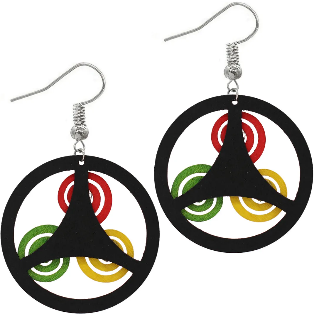 Black Multicolor Round Swirl Wooden Earrings