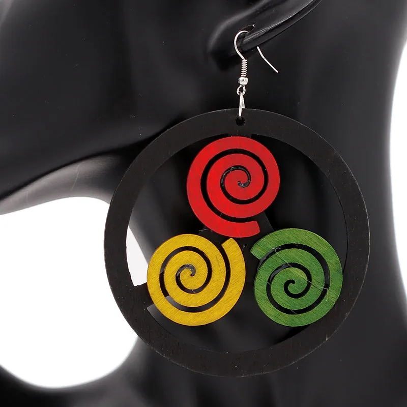 Black Multicolor Round Swirl Wooden Earrings