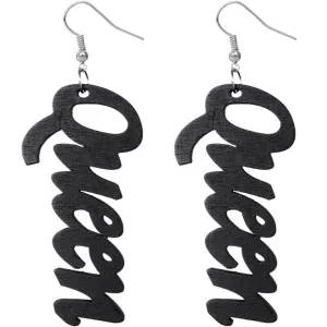 Black Queen Cursive Word Wooden Earrings