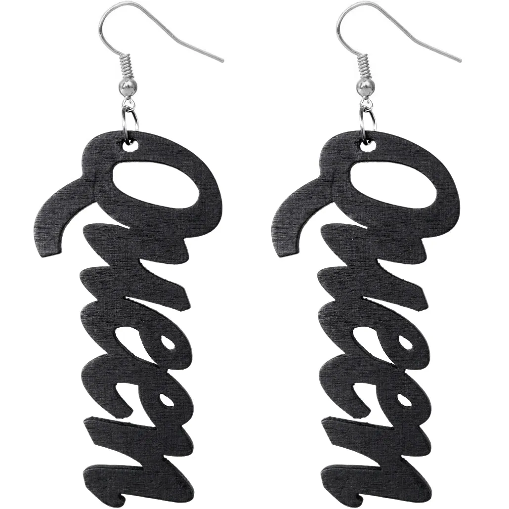Black Queen Cursive Word Wooden Earrings