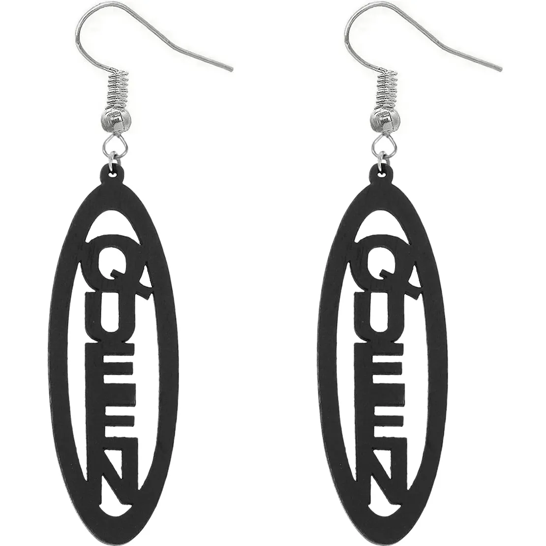 Black Queen Oval Long Wooden Earrings