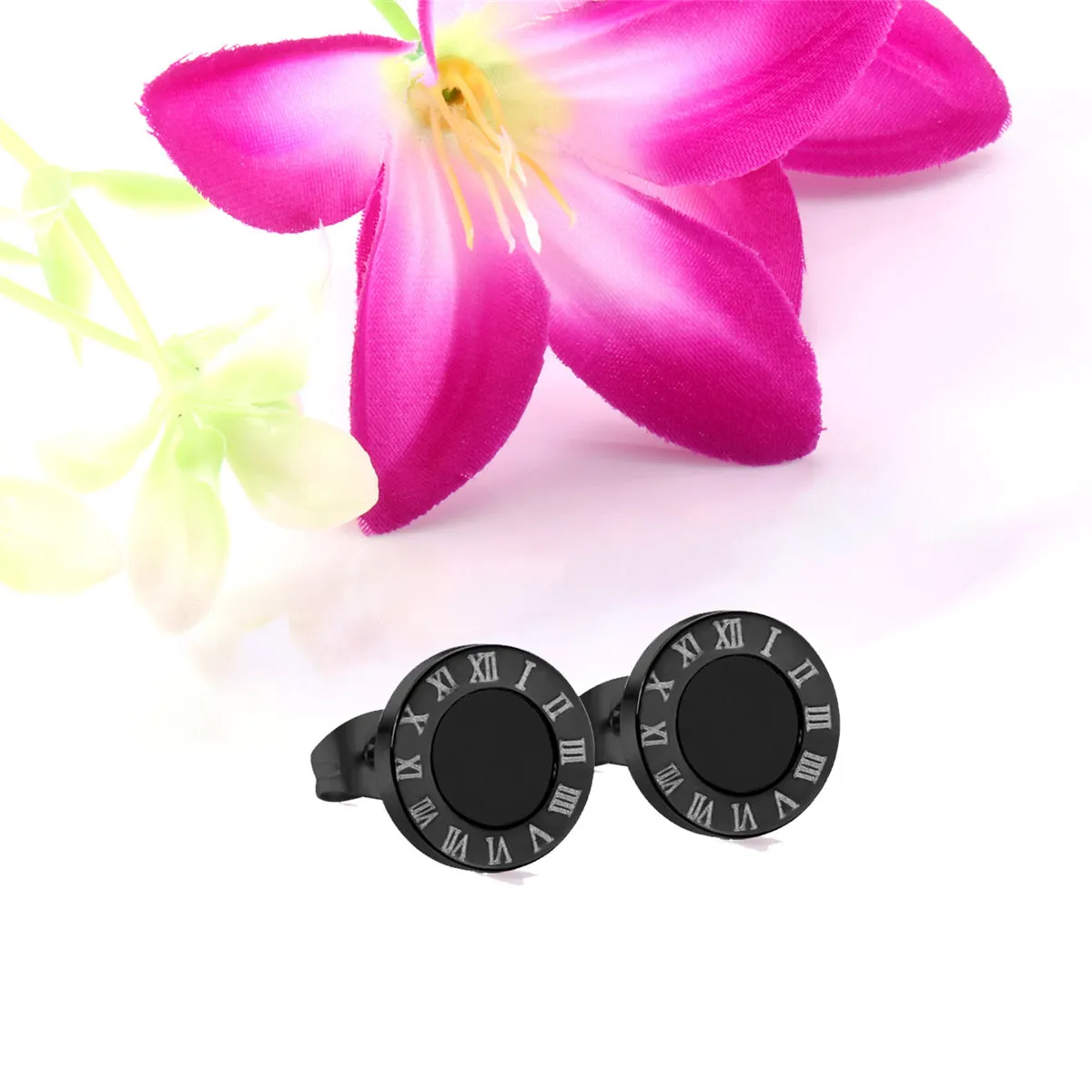 Black Round Roman Numeral Stud Earrings