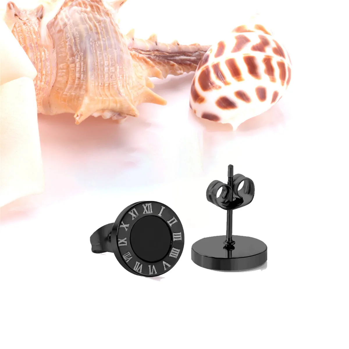 Black Round Roman Numeral Stud Earrings