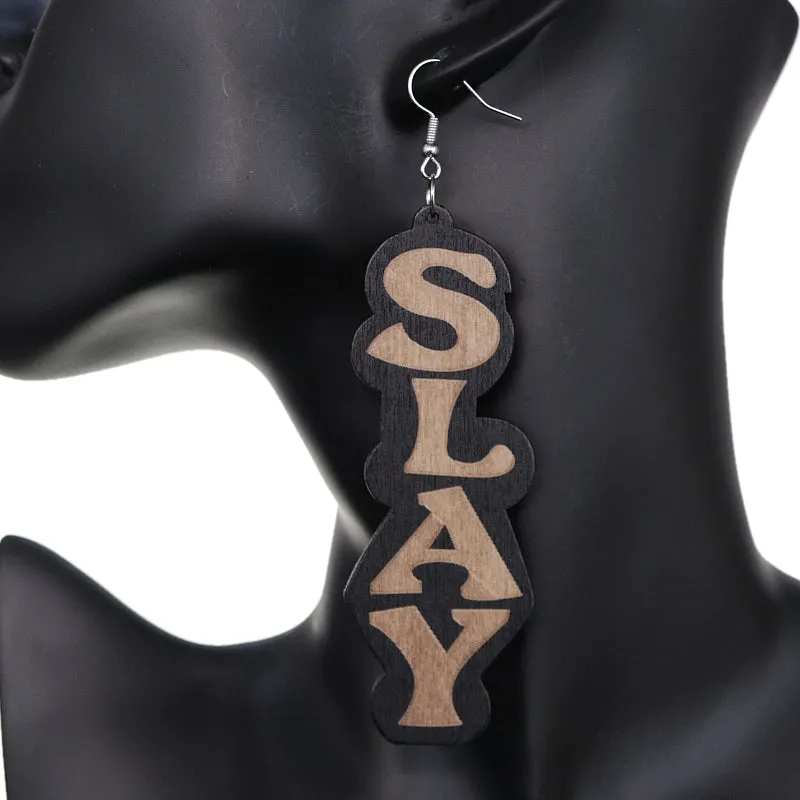 Black Slay Wooden Letter Earrings