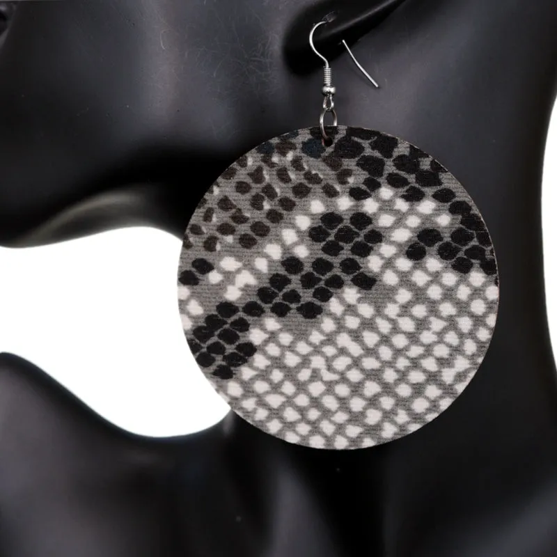 Black Spotted Wooden Round Earrings
