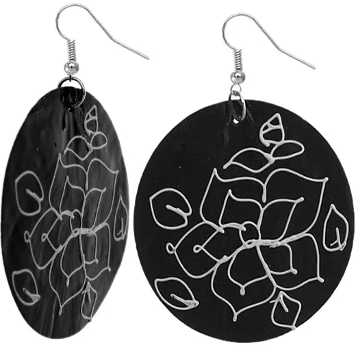 Black Thin Shell Floral Design Drop Earrings