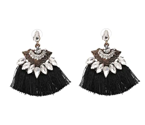 Black   White Gem Fringe Tassel Hang Earrings