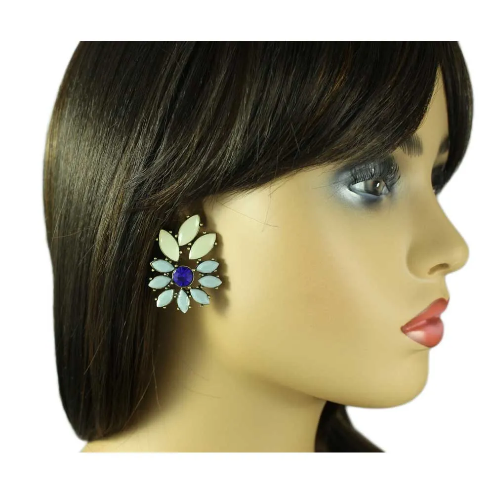 Blue and Cream Acrylic Stones with Blue Crystal Pierced Earring - REC412