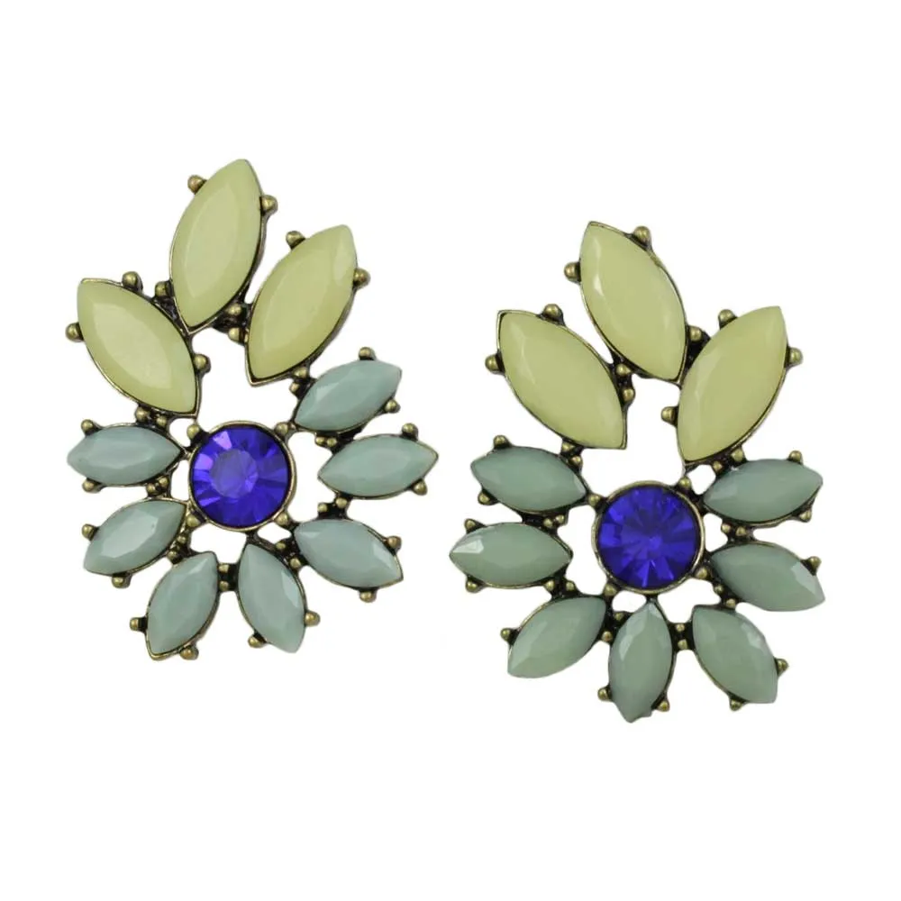 Blue and Cream Acrylic Stones with Blue Crystal Pierced Earring - REC412