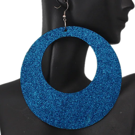 Blue Big Wooden Glitter Hoop Earrings