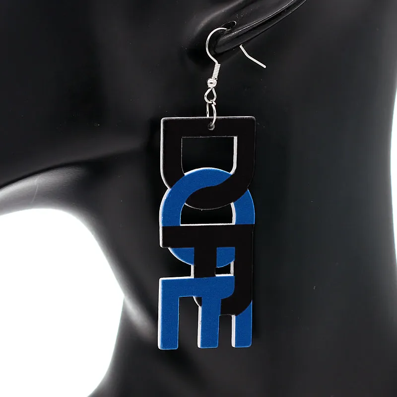 Blue Black Dope Wooden Letter Earrings