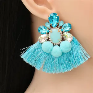 Blue Crystal & Polyster 18K Gold-Plated Tassel Drop Earrings