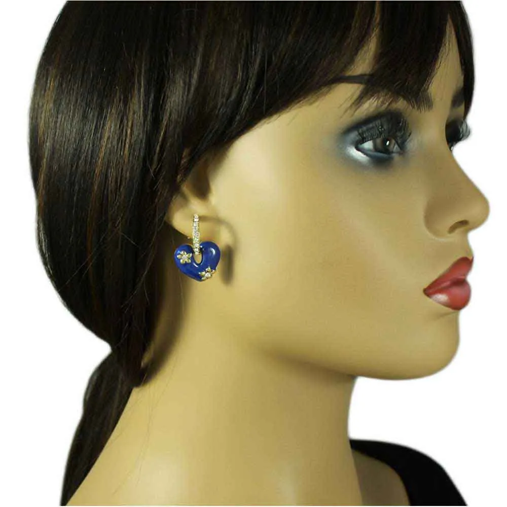 Blue Enamel Heart with Crystal Hoop Pierced Earring - REE406BL