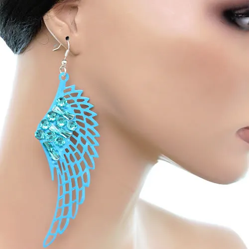 Blue Filigree Rhinestone Wing Earrings