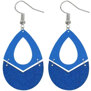 Blue Glitter Wooden Link Teadrop Earrings