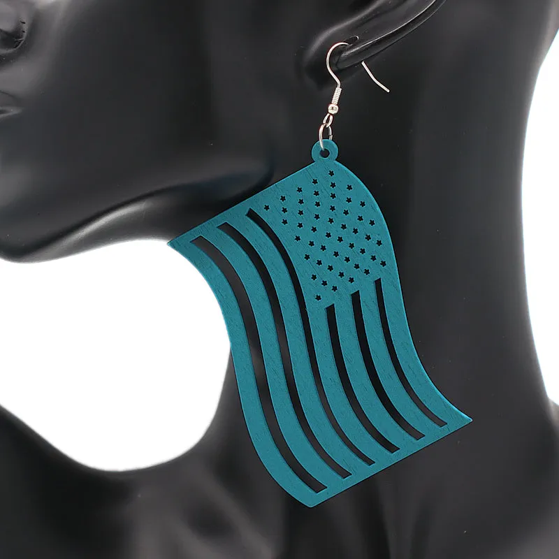 Blue Large American Flag Wooden Earrings