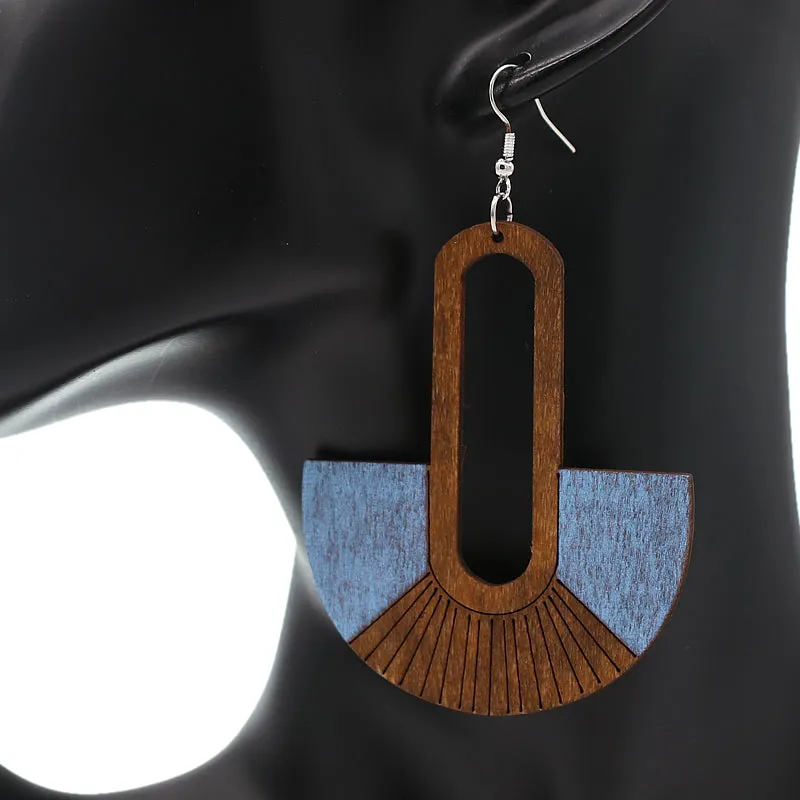 Blue Long Oval Fan Wooden Earrings