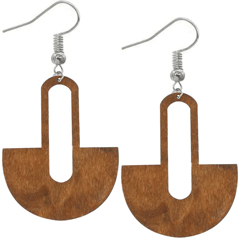 Blue Long Oval Fan Wooden Earrings