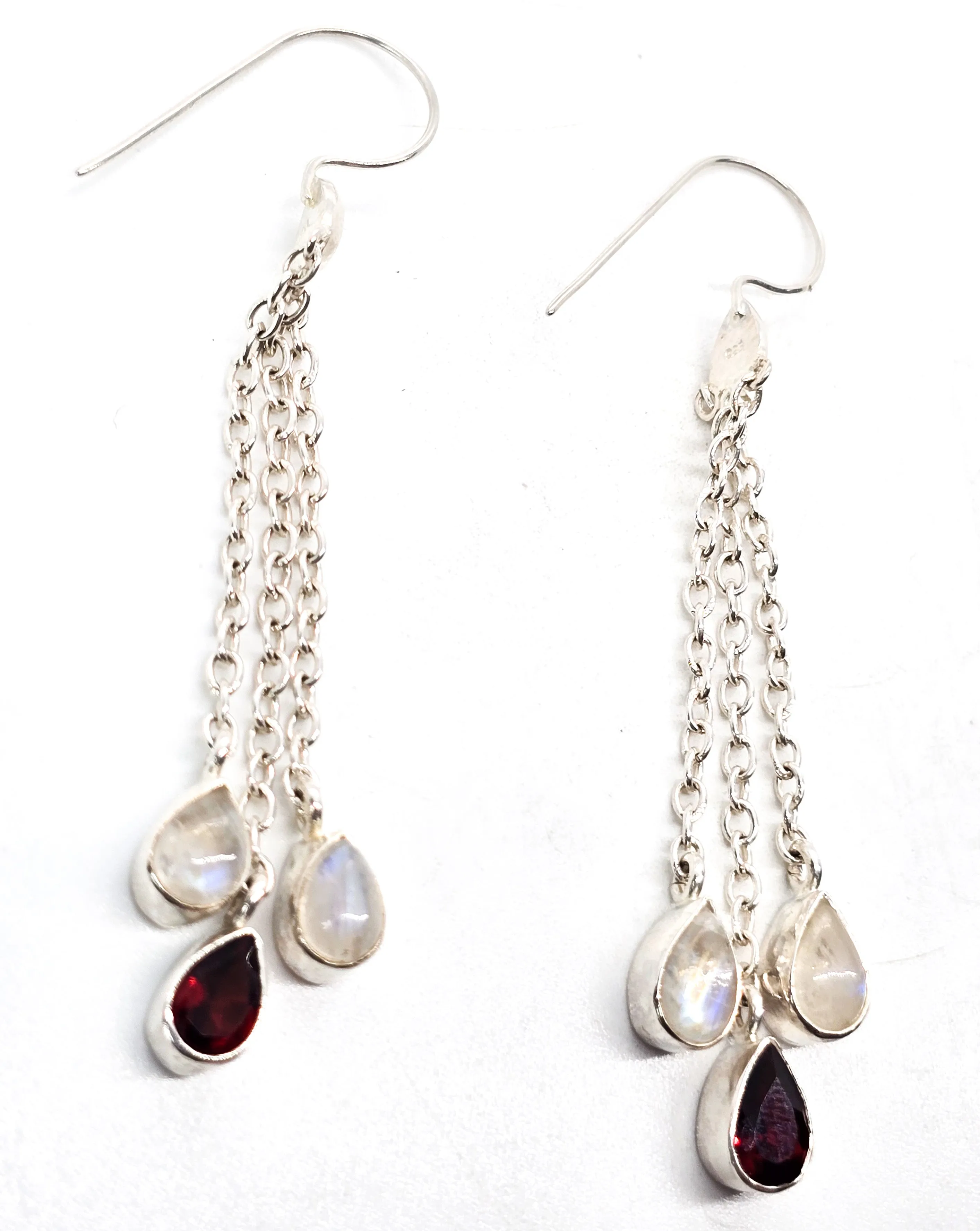 Blue Moonstone and garnet long tassel drop 2.75" sterling silver gemstone earrings