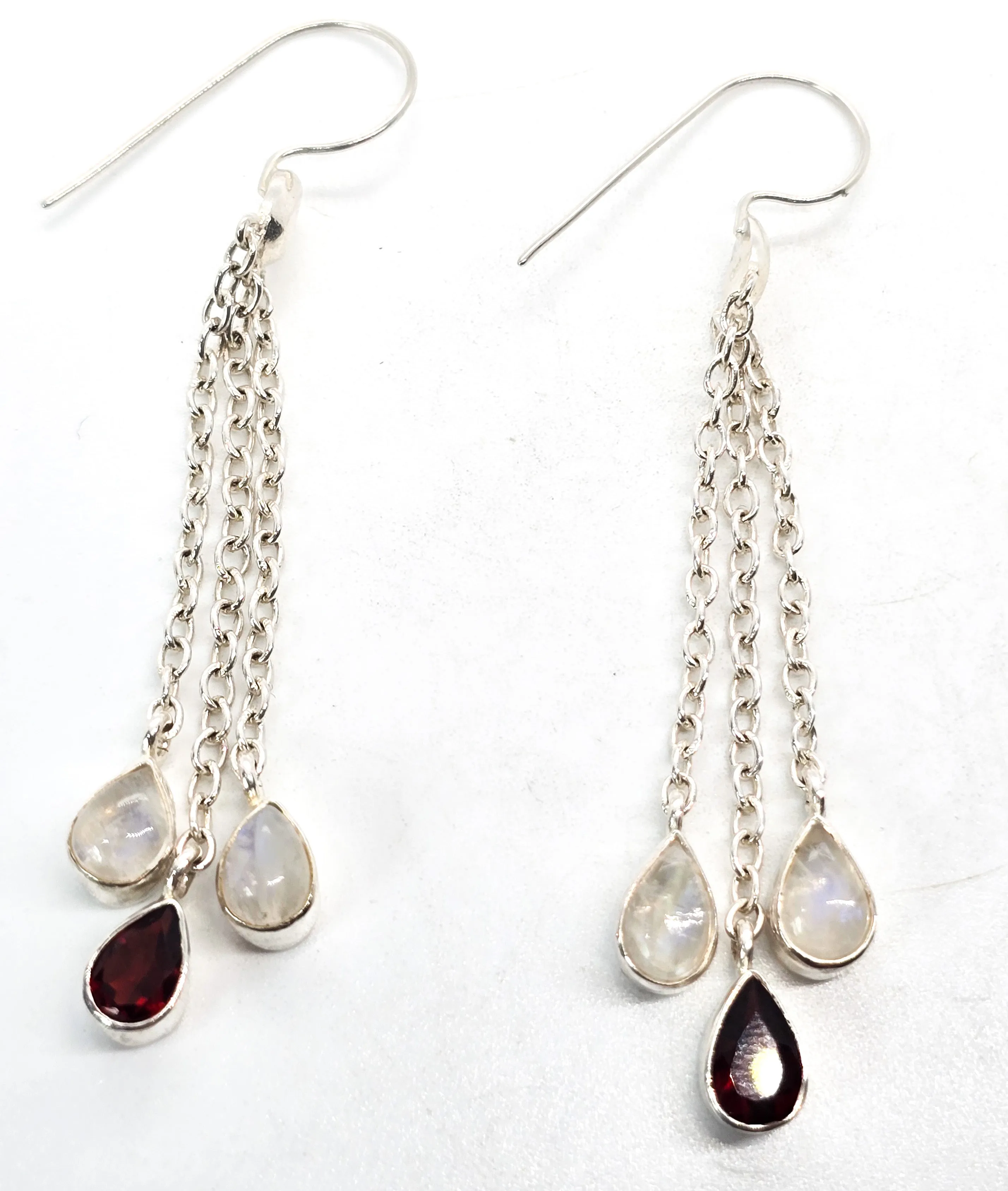 Blue Moonstone and garnet long tassel drop 2.75" sterling silver gemstone earrings