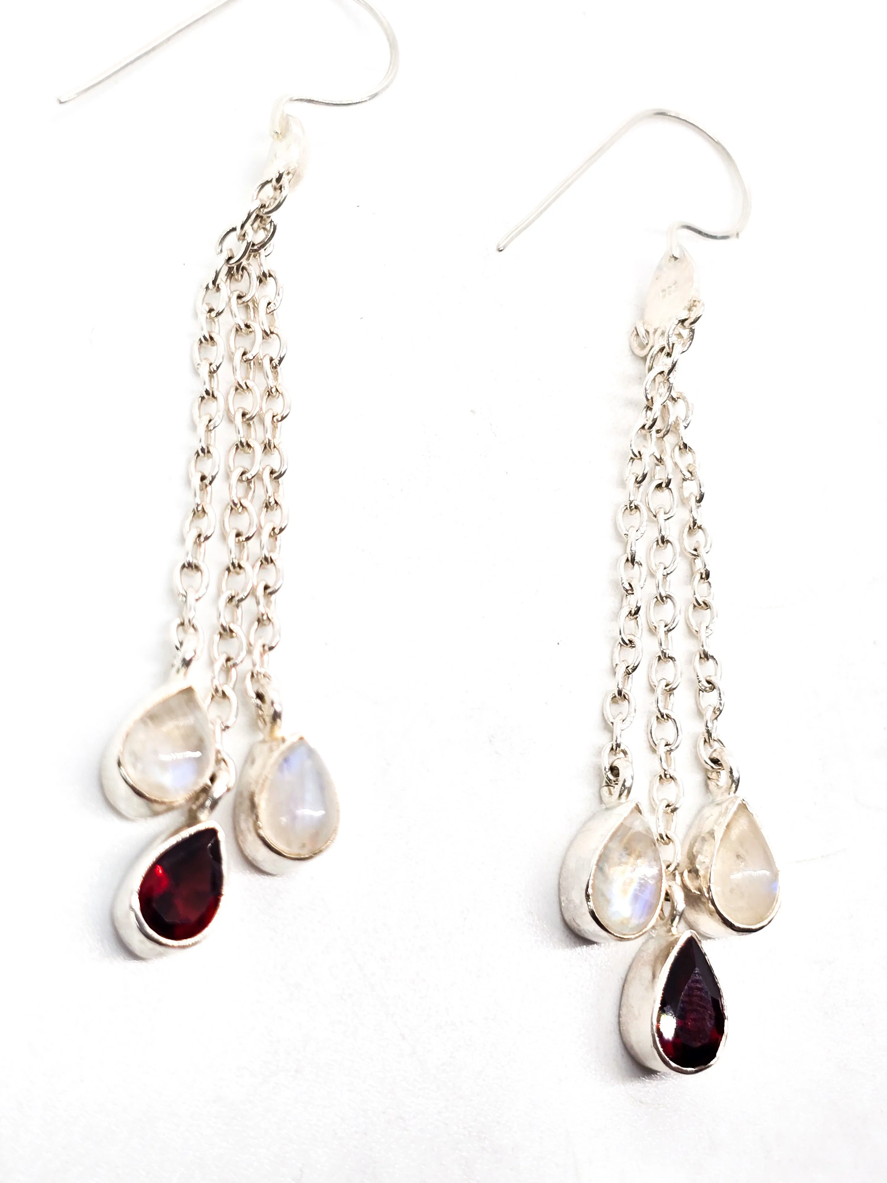 Blue Moonstone and garnet long tassel drop 2.75" sterling silver gemstone earrings