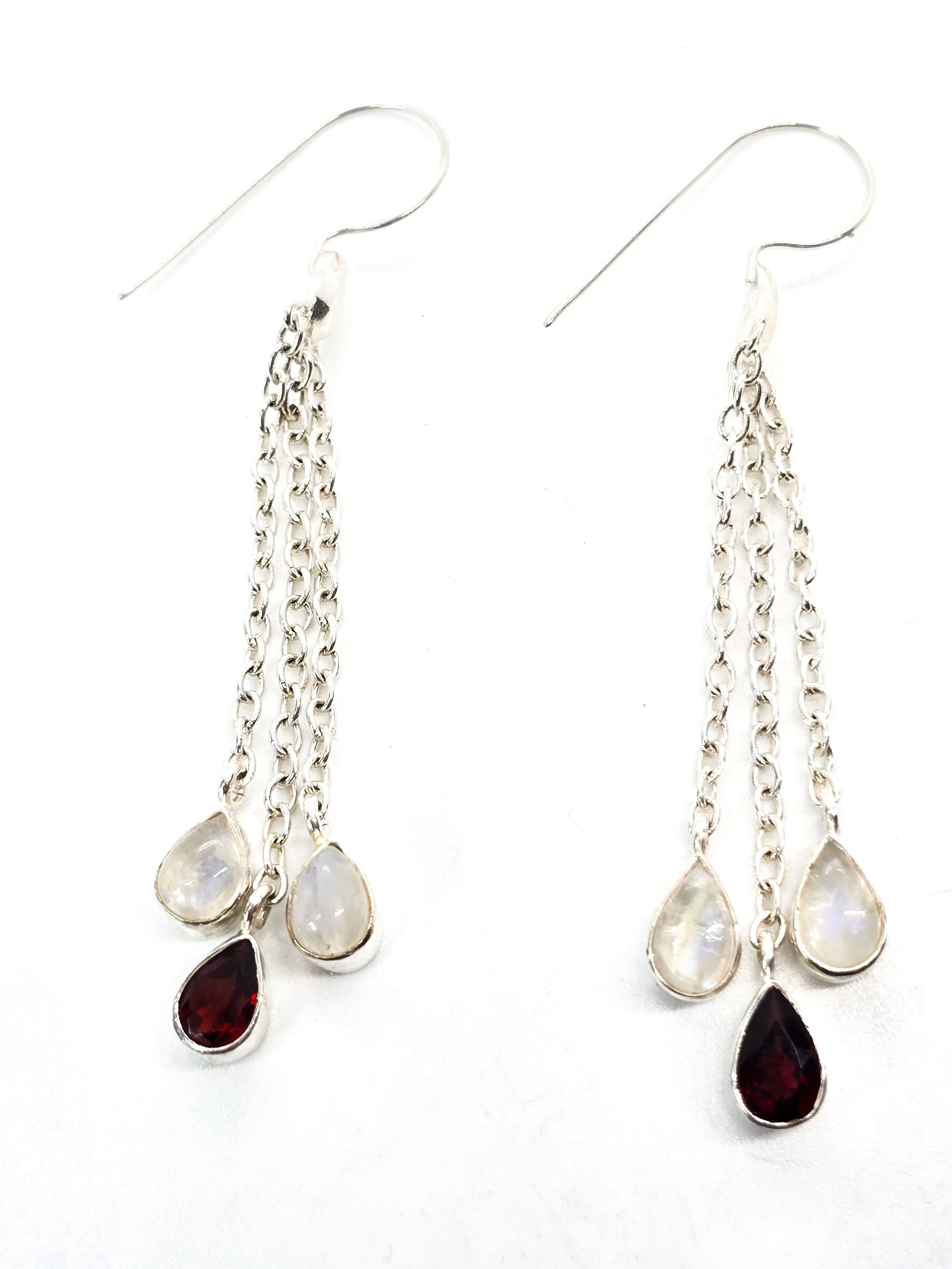 Blue Moonstone and garnet long tassel drop 2.75" sterling silver gemstone earrings