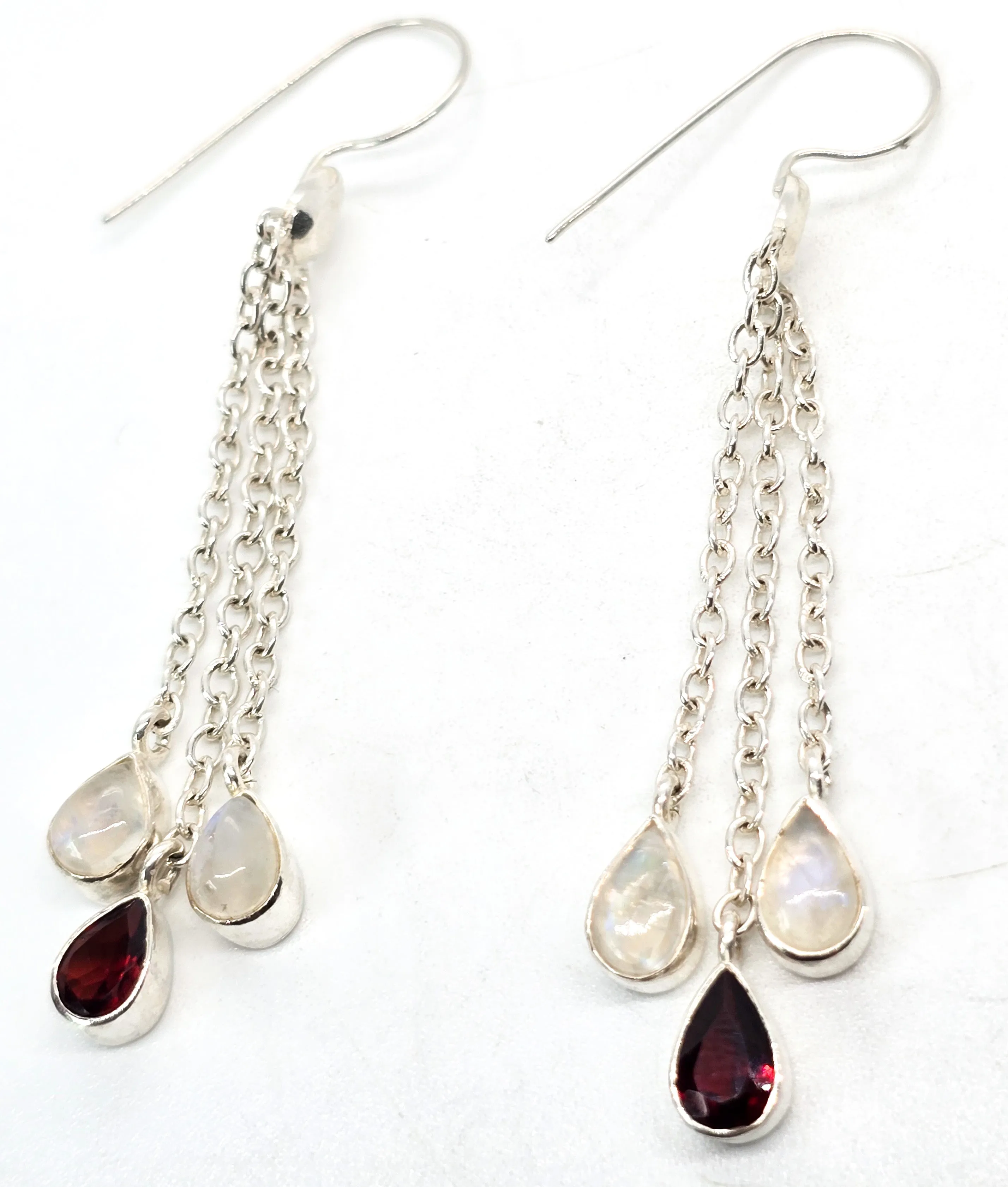 Blue Moonstone and garnet long tassel drop 2.75" sterling silver gemstone earrings