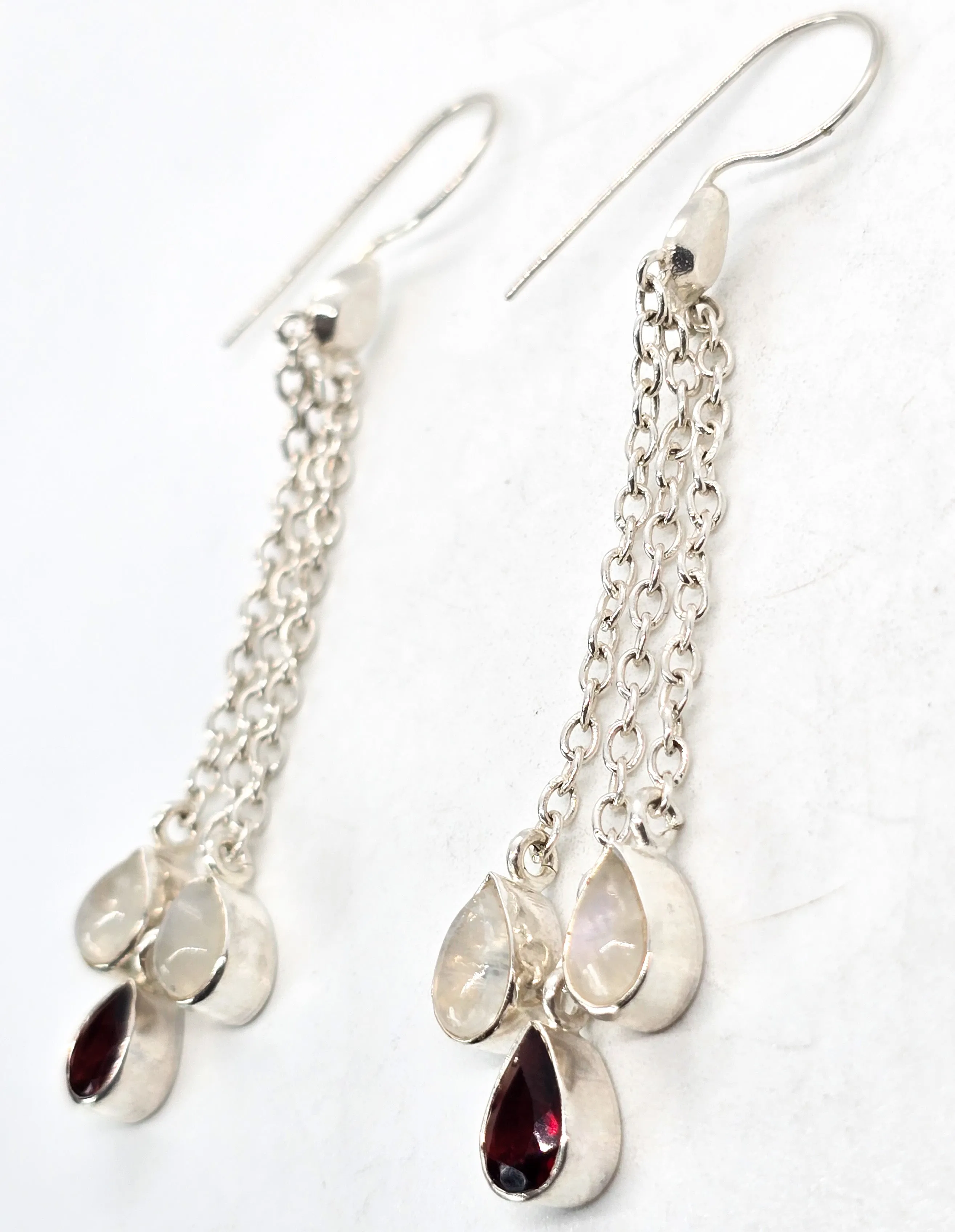 Blue Moonstone and garnet long tassel drop 2.75" sterling silver gemstone earrings