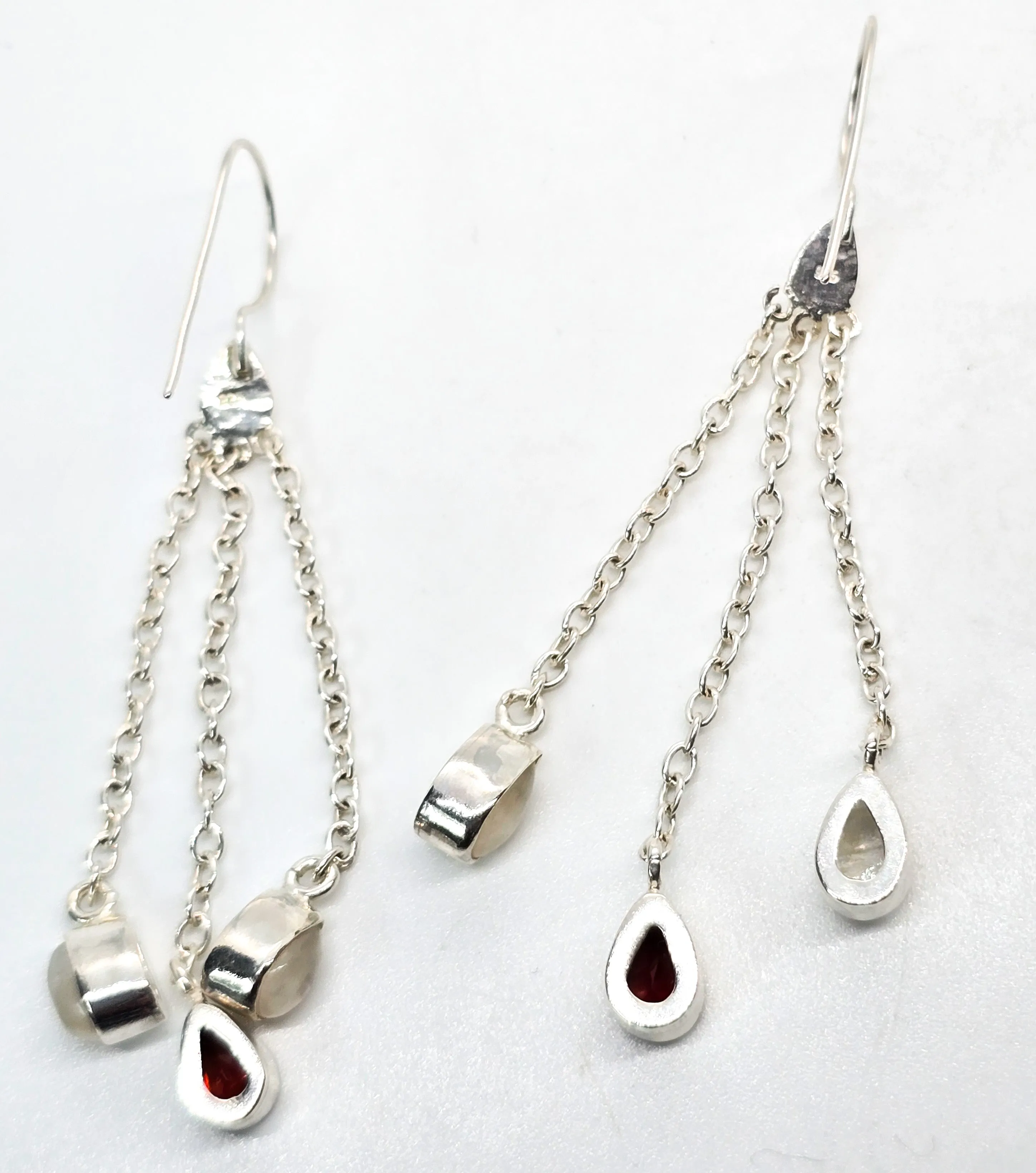 Blue Moonstone and garnet long tassel drop 2.75" sterling silver gemstone earrings