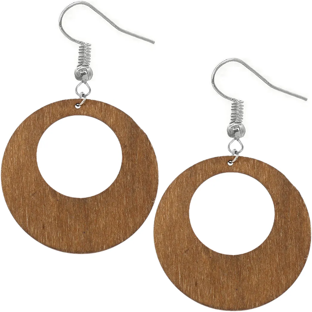 Blue Round Trim Wooden Dangle Earrings