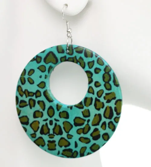 Blue Round Wooden Cheetah Earrings