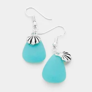 Blue Sea Glass Sea-Life Shell Charm Silver Earrings