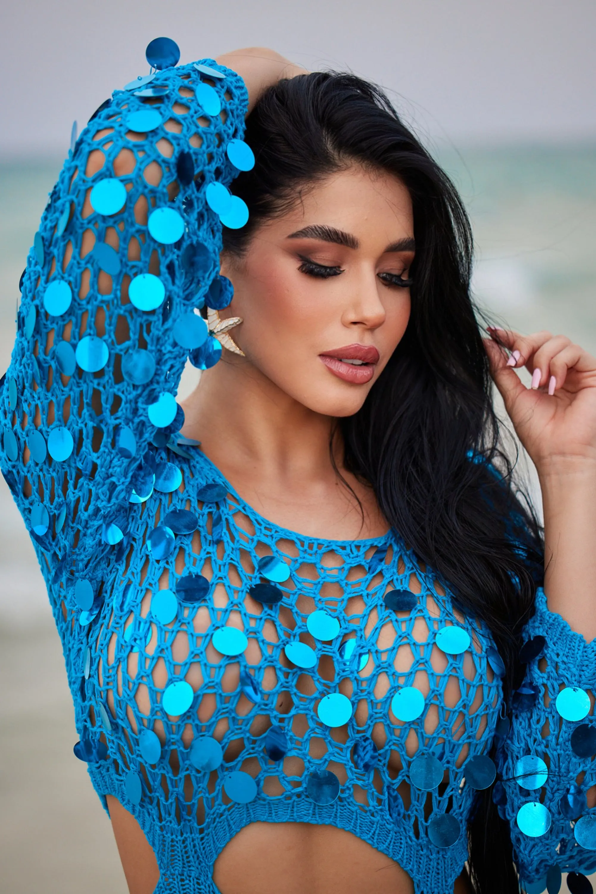 Blue sequin crochet cover up dress