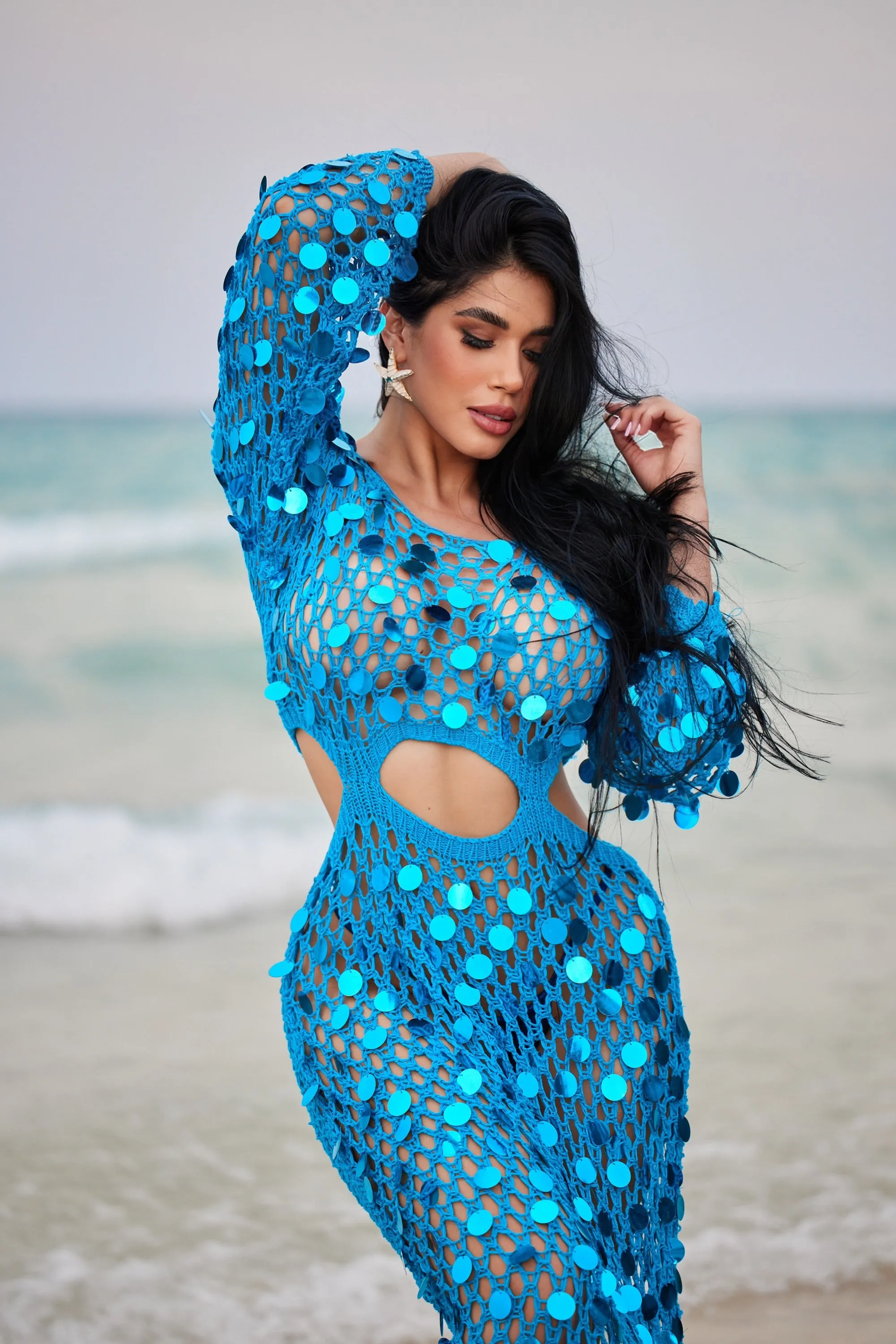 Blue sequin crochet cover up dress